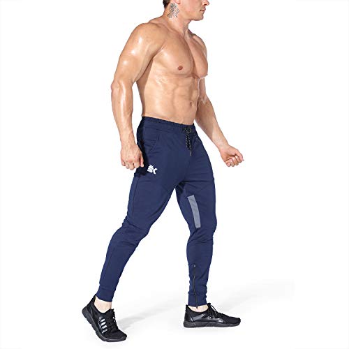 BROKIG Mens Gym Jogger Pants,Casual Slim Workout Sweatpants with Zipper Pockets Bodybuilding Athletic Pants(Navy,S)