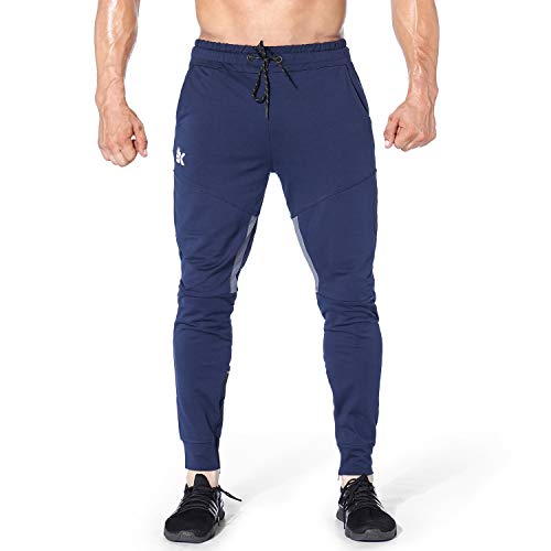 BROKIG Mens Gym Jogger Pants,Casual Slim Workout Sweatpants with Zipper Pockets Bodybuilding Athletic Pants(Navy,S)