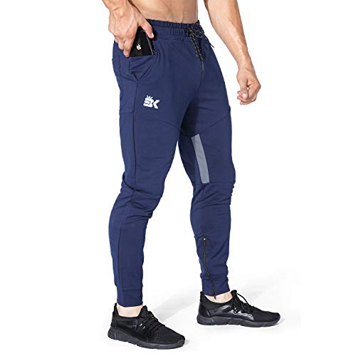 BROKIG Mens Gym Jogger Pants,Casual Slim Workout Sweatpants with Zipper Pockets Bodybuilding Athletic Pants(Navy,S)