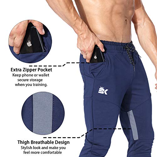 BROKIG Mens Gym Jogger Pants,Casual Slim Workout Sweatpants with Zipper Pockets Bodybuilding Athletic Pants(Navy,S)