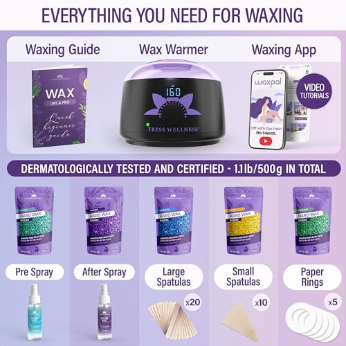 Tress Wellness Waxing Kit for Brazilian Wax - Easy to Use - For Sensitive Skin - Digital Display, Black Purple Flower