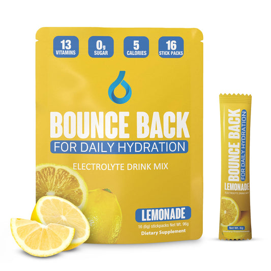 Bounce Back Daily Hydration - Electrolyte Powder Packets - No Sugar- 5 Calories, Organic, All in One Vitamin Stick Lemonade 16 Pack