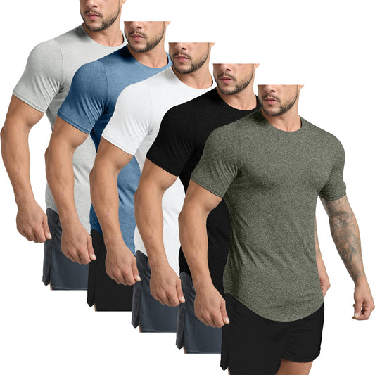 GYM REVOLUTION Men's 5 Pack Workout Gym Hipster Curved Hem Muscle Fitness Hip Hop T Shirts Black White Blue Green Grey M