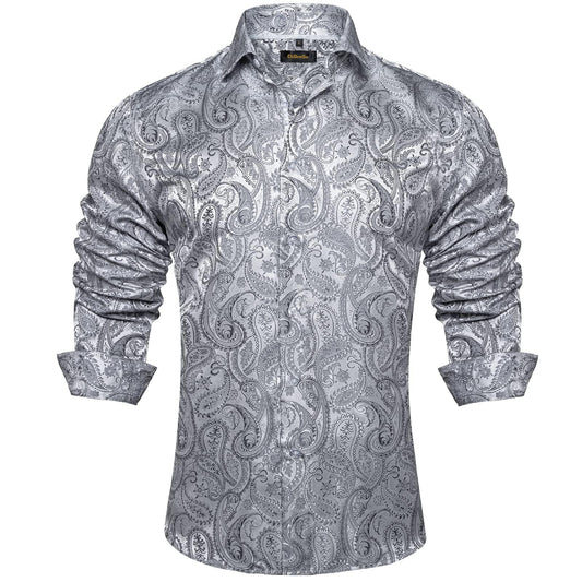 DiBanGu Mens Silk Paisley Dress Shirts,Long Sleeve Button Down Shirt Casual Regular Fit Shirt for Men Wedding Party, Silver Grey, Large