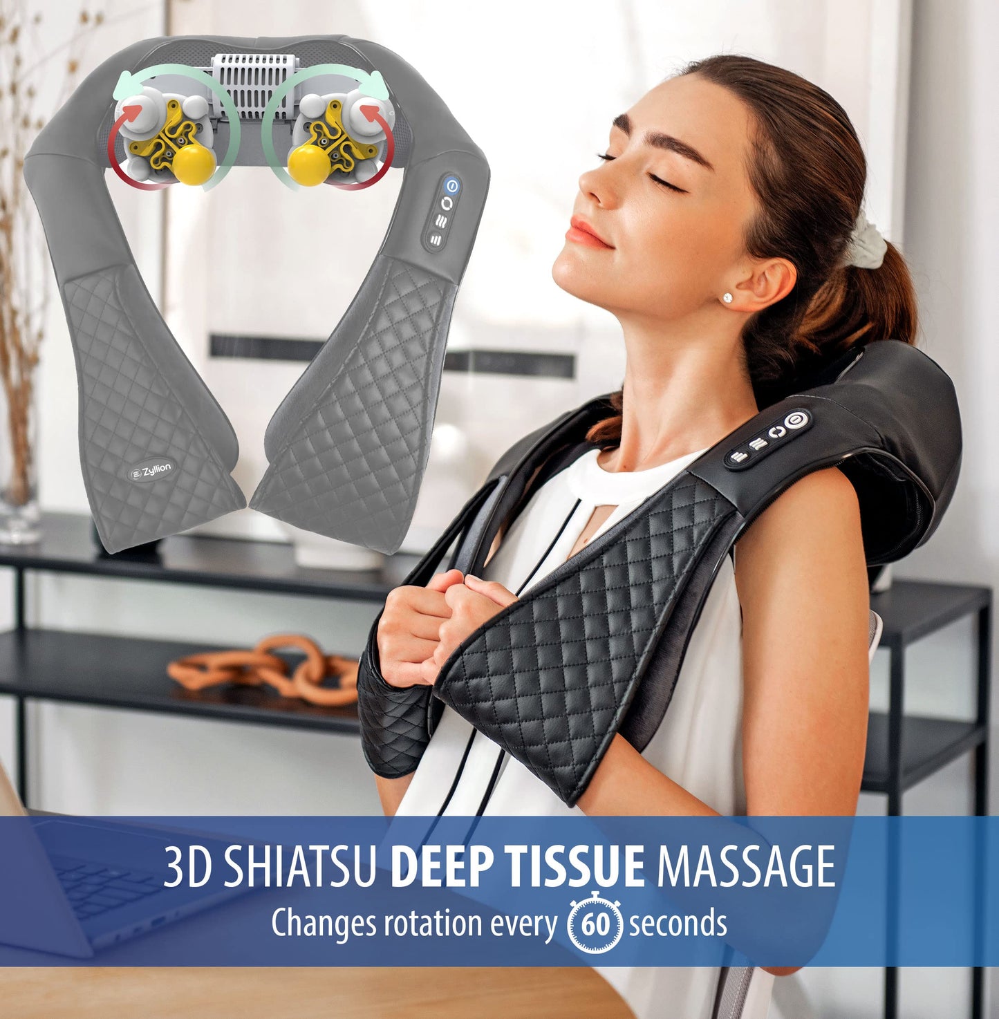 Zyllion Shiatsu Neck and Back Massager with Heat - 3D Kneading Deep Tissue Electric Massage for Muscle Pain Relief on Shoulders, Legs, Foot - Black (ZMA-28)